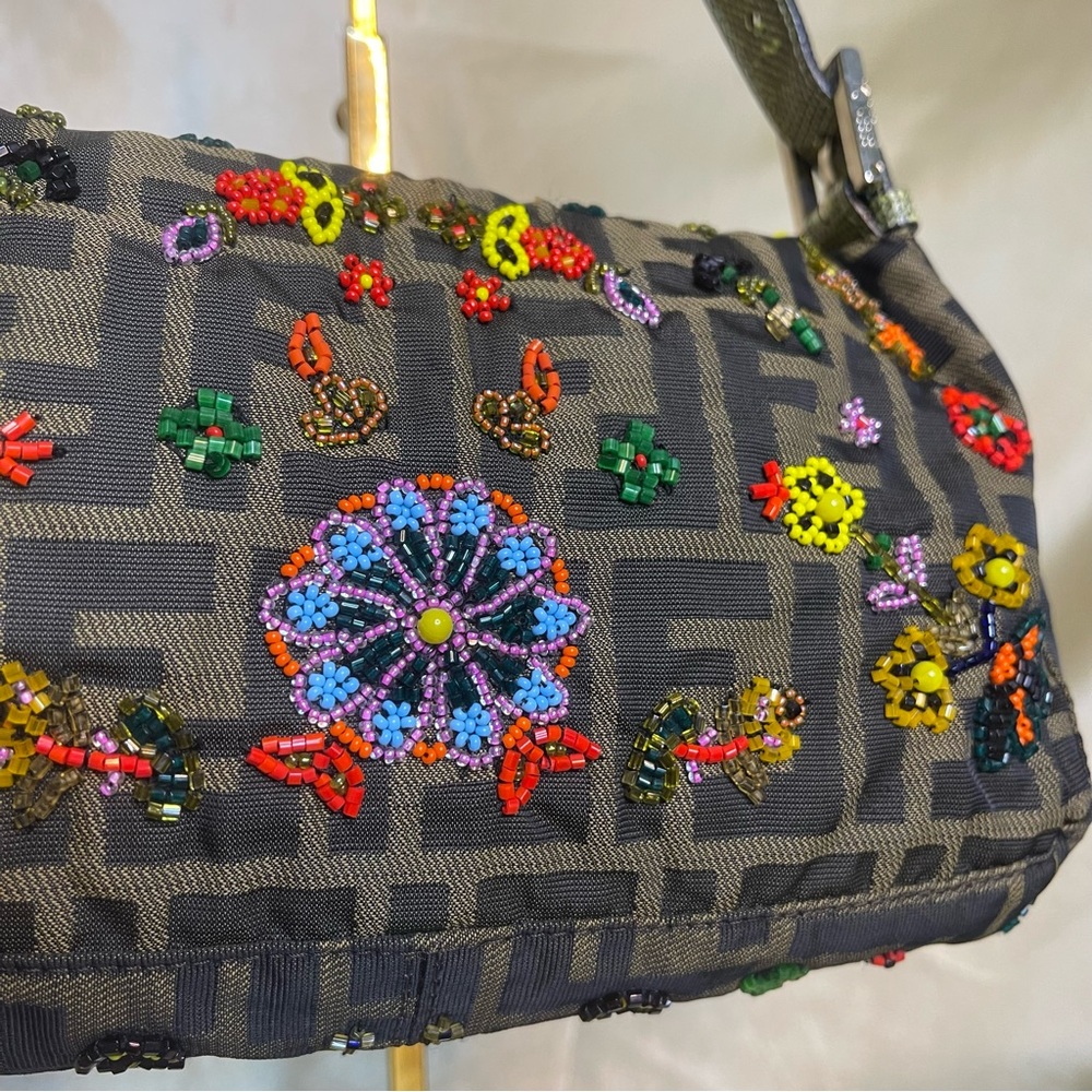 💖SOLD💖Fendi zucca print floral beaded baguette lizard shoulder strap RARE - Picture 5 of 16